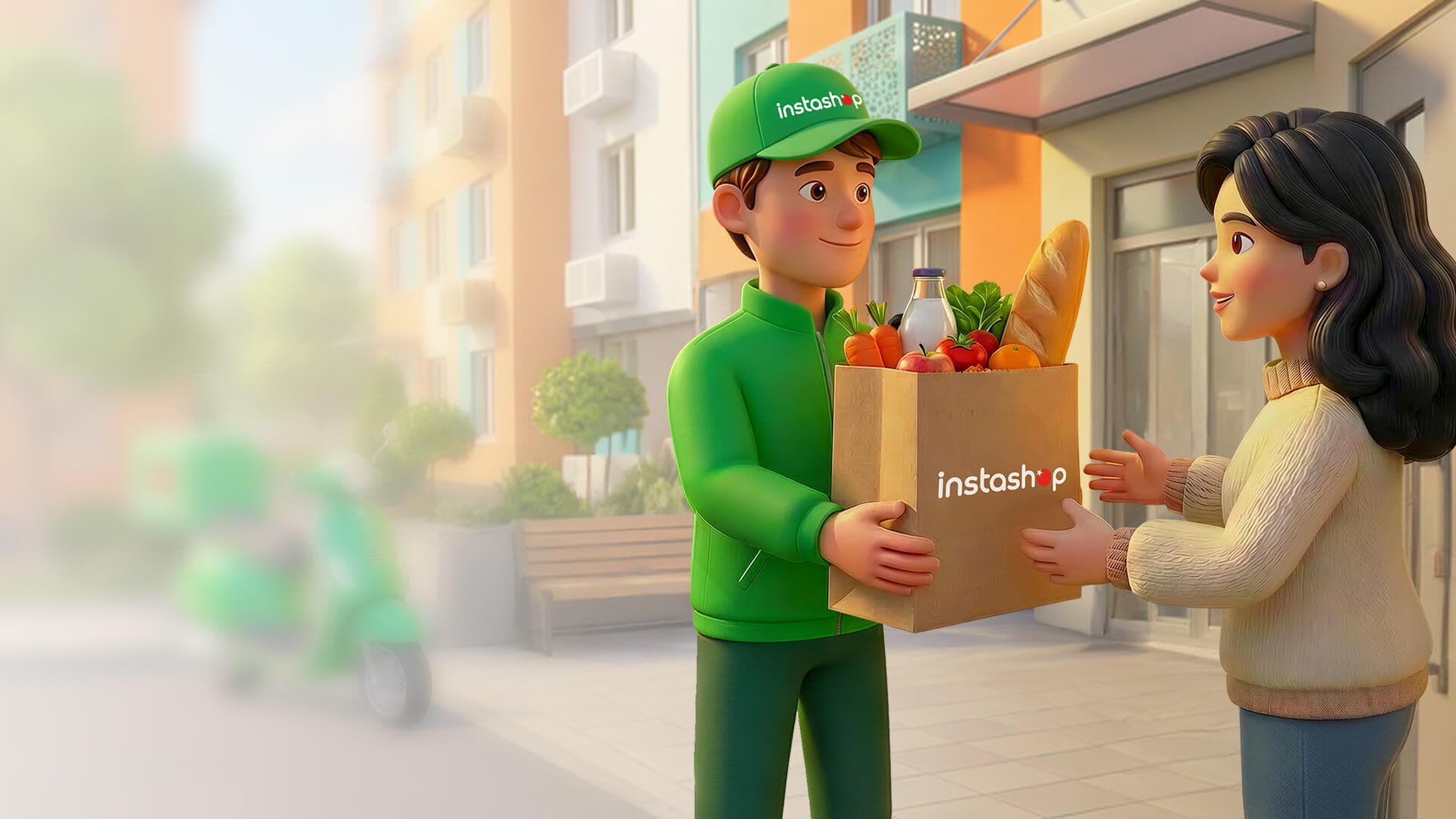 Курьер Instashop доставляет продукты